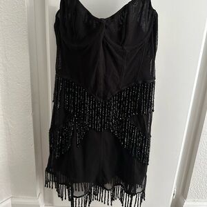 White Fox Boutique: Mamacita Black mesh bejeweled fringe mini dress #gatsby